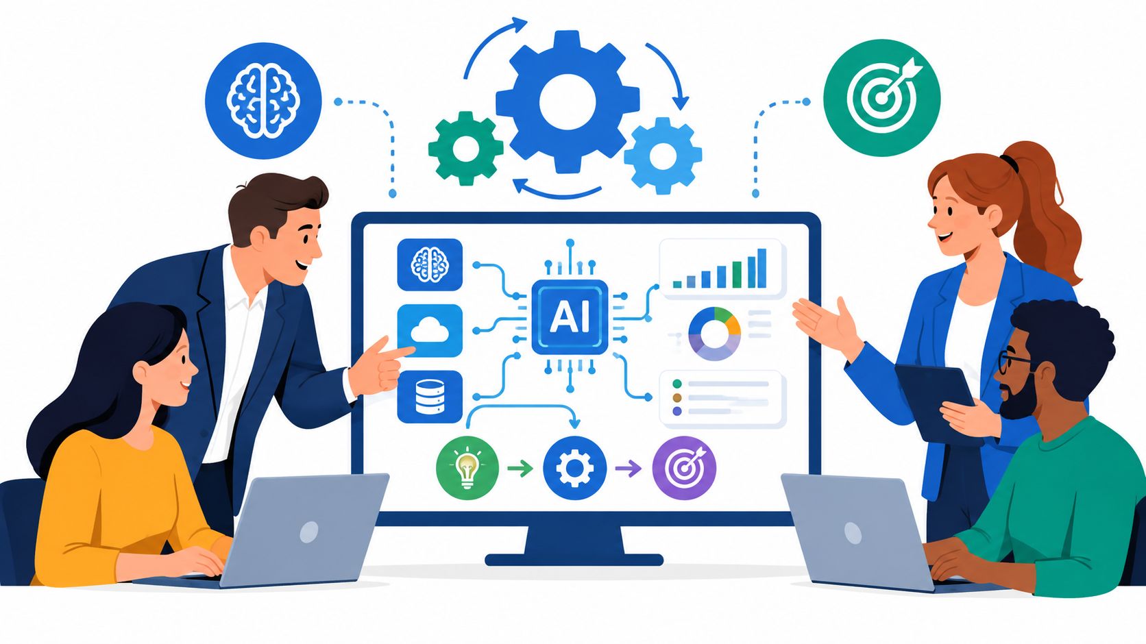 A professional team collaborating on an AI strategy project, using laptops and a large digital screen display.