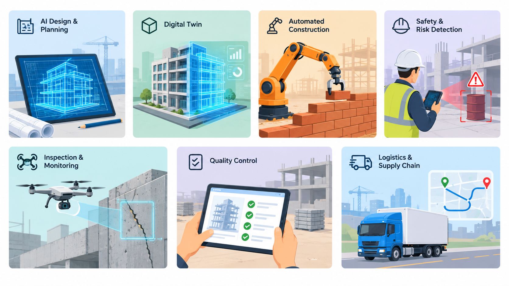 An infographic showing various ways artificial intelligence is applied in the modern construction industry and building processes.