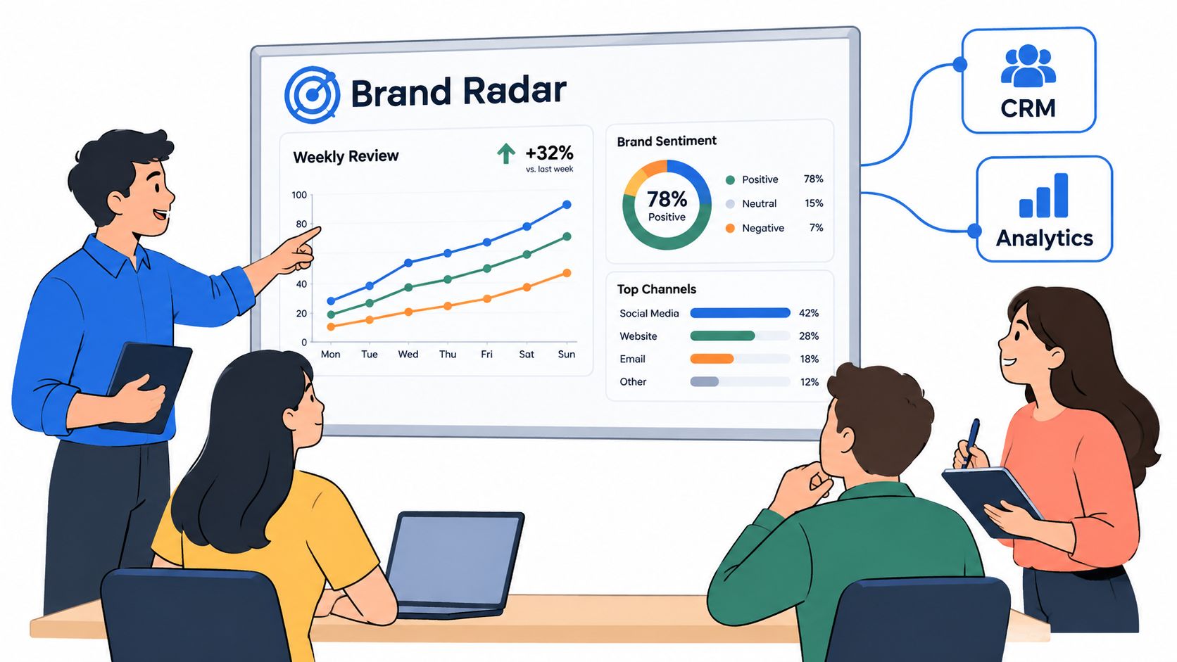 A team discussing data and brand sentiment analysis during a professional business meeting presentation.