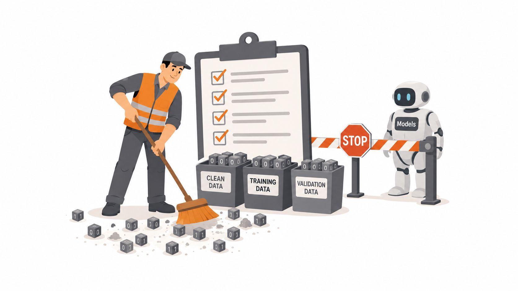 A worker sweeping binary blocks into containers labeled clean, training, and validation data near a robot.