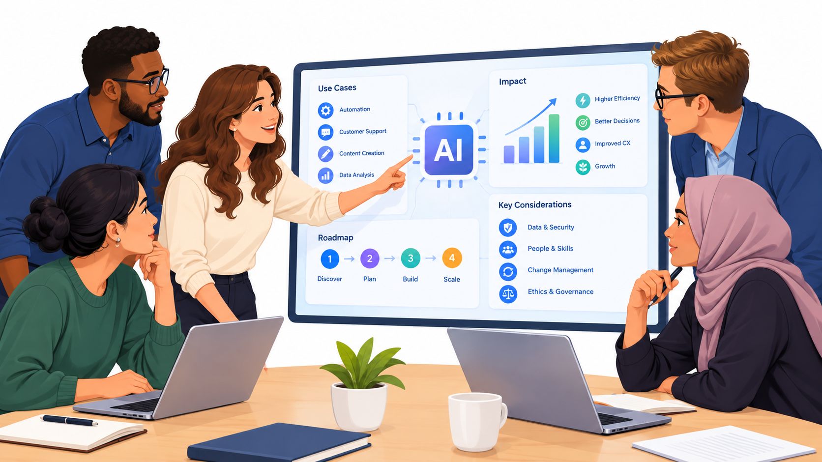 A diverse group of professionals collaborates on an AI adoption strategy during a business meeting in an office.