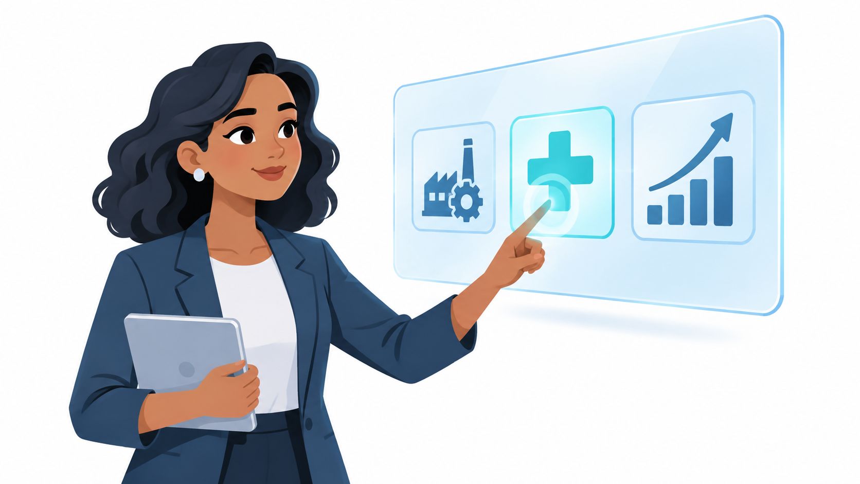 A professional woman in a business suit interacting with a digital interface featuring industry, medical, and growth icons.
