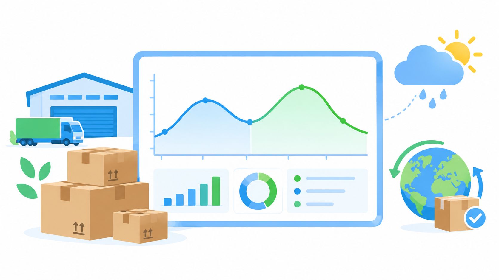 A digital graphic representing supply chain analytics featuring warehouse, shipping boxes, global logistics, and data charts.