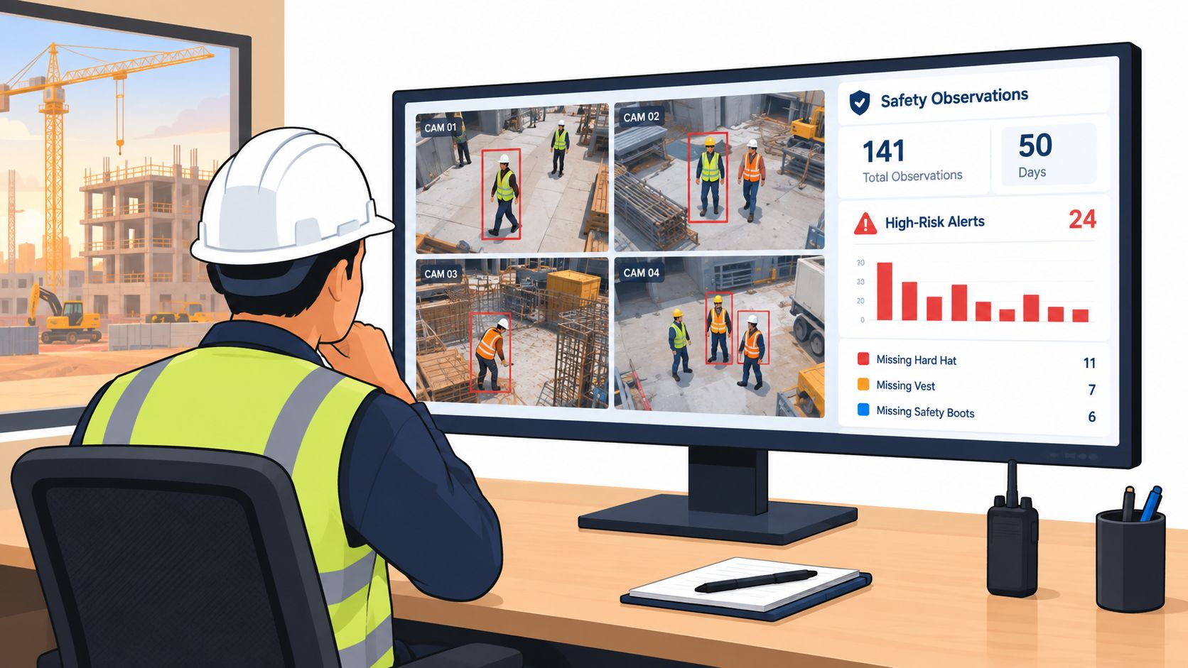 A construction supervisor monitoring site safety through a computer screen displaying AI-powered video surveillance and data metrics.