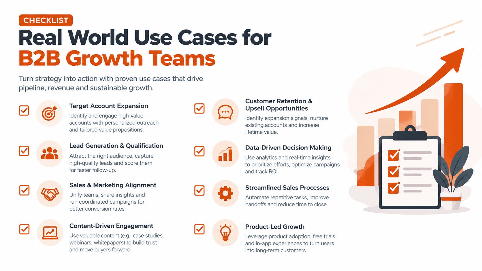 A checklist highlighting eight essential B2B growth team strategies for driving revenue, pipeline, and sustainable business growth.