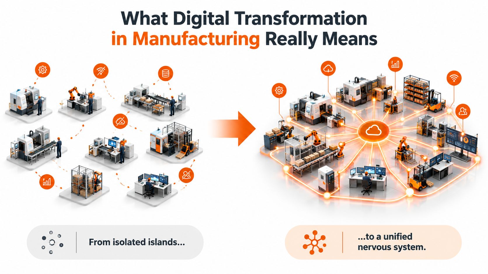 An illustration showing the digital transformation from isolated manufacturing machinery to a unified, cloud-connected industrial system.