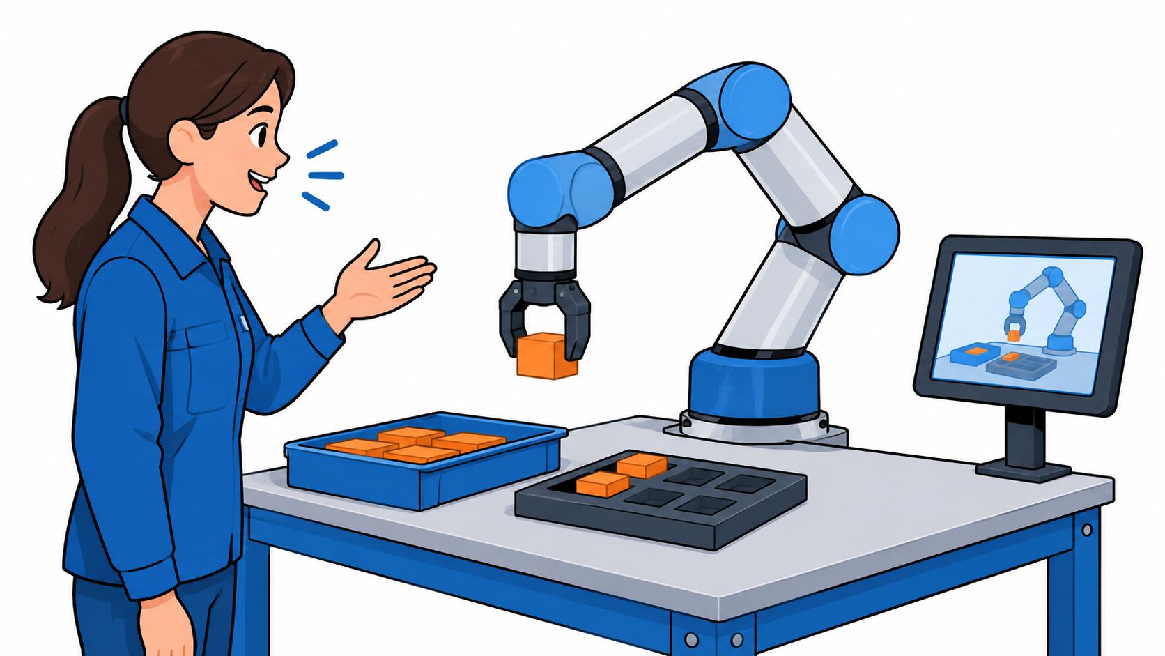 A female worker interacting with an industrial robotic arm that is placing orange blocks into a tray.