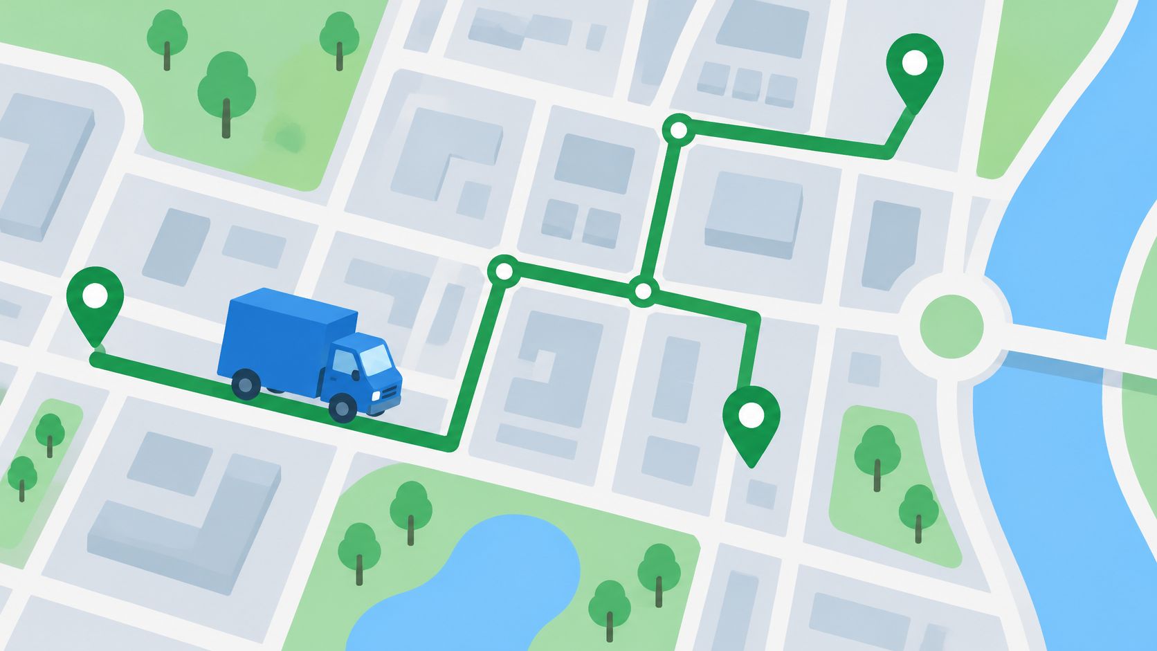 A digital illustration showing a blue delivery truck following a mapped route across city streets to multiple locations.