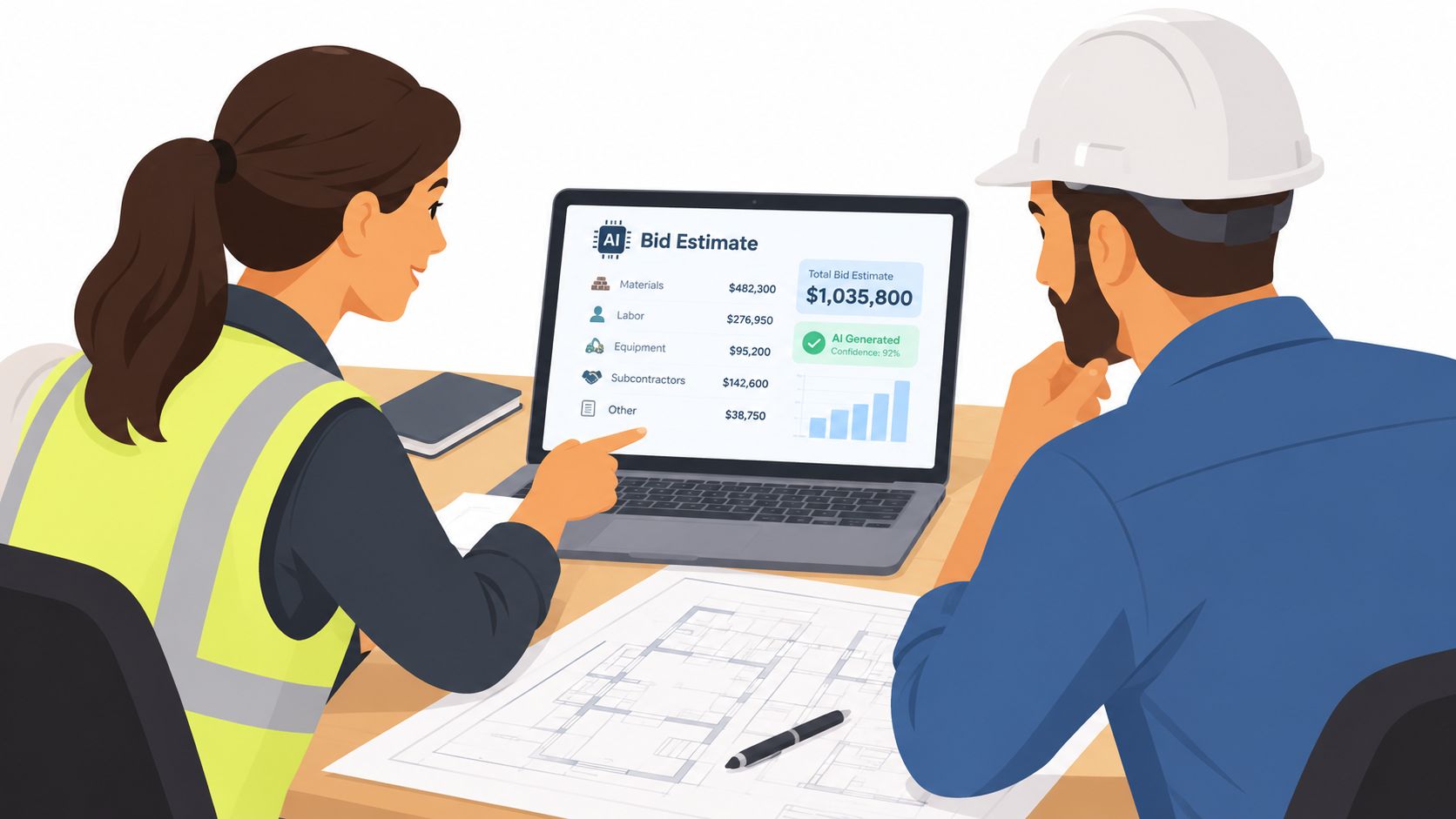 A woman and a man in construction gear reviewing an AI-generated bid estimate on a laptop computer.
