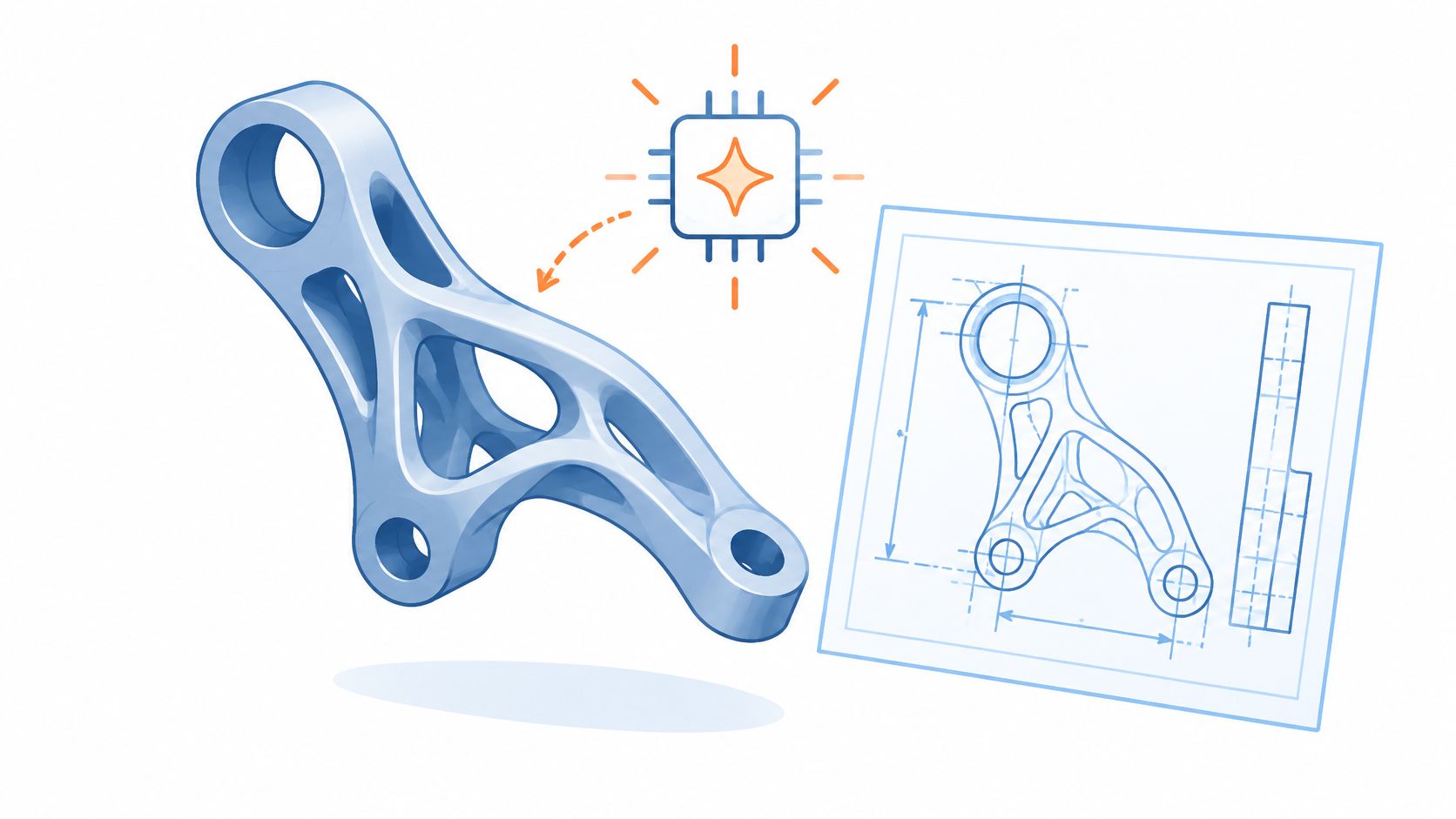 A 3D generative design mechanical part illustrated next to its technical engineering blueprint and a chip icon.