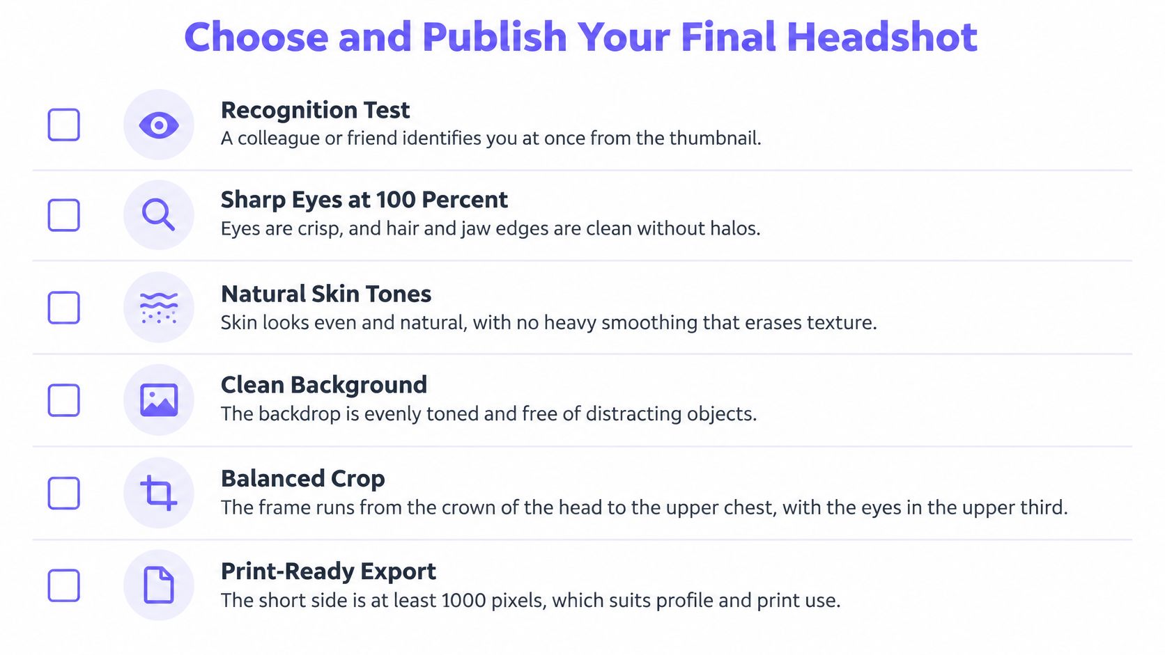 A checklist for selecting the perfect professional headshot, highlighting key quality and composition criteria.