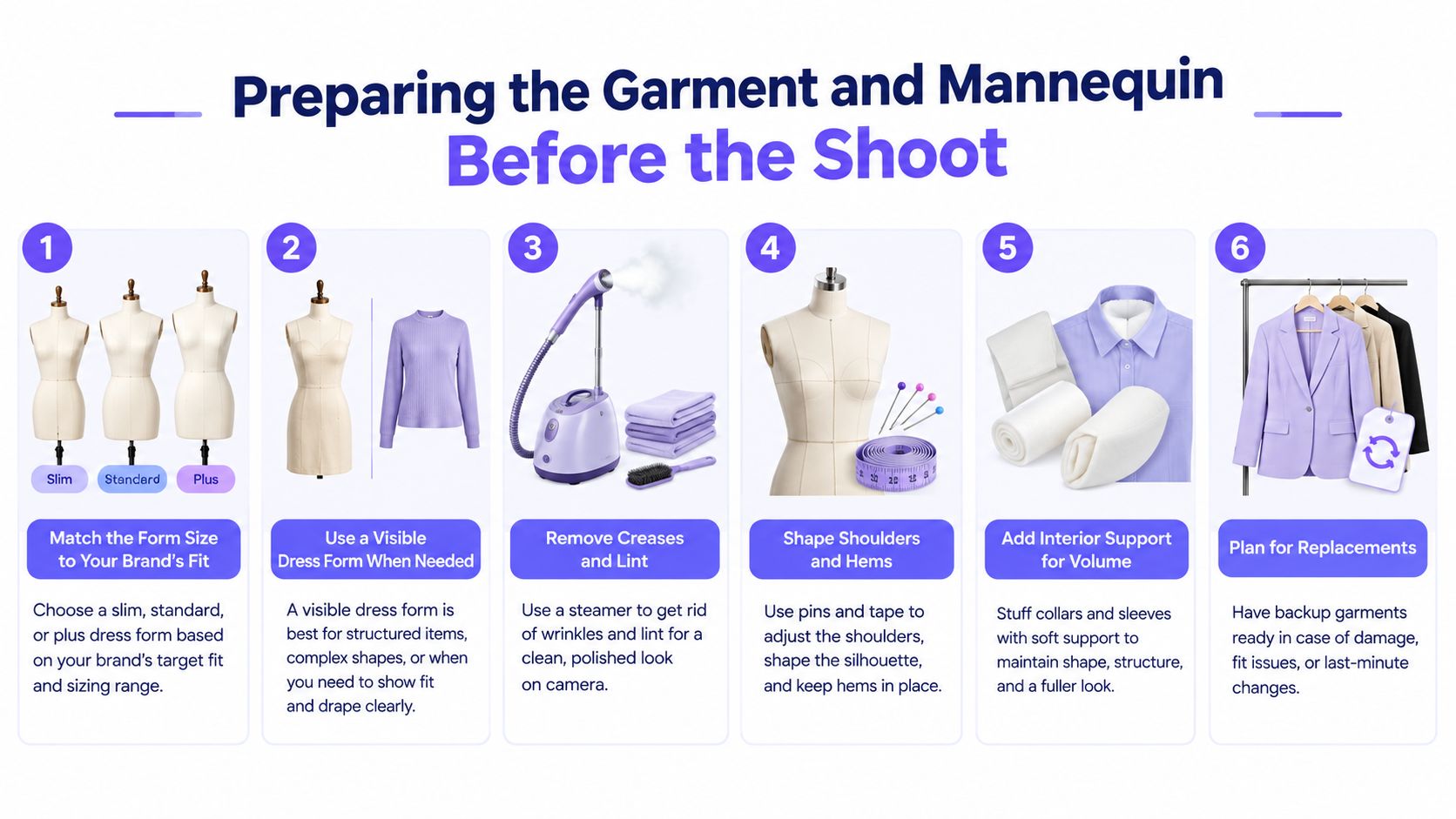 A six-step guide for preparing garments and mannequins for professional ghost mannequin photography shoots.