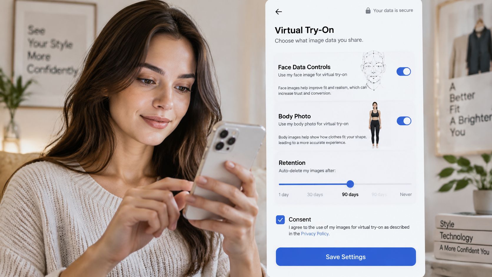 A woman using a smartphone to configure privacy and data retention settings for a virtual try-on application.