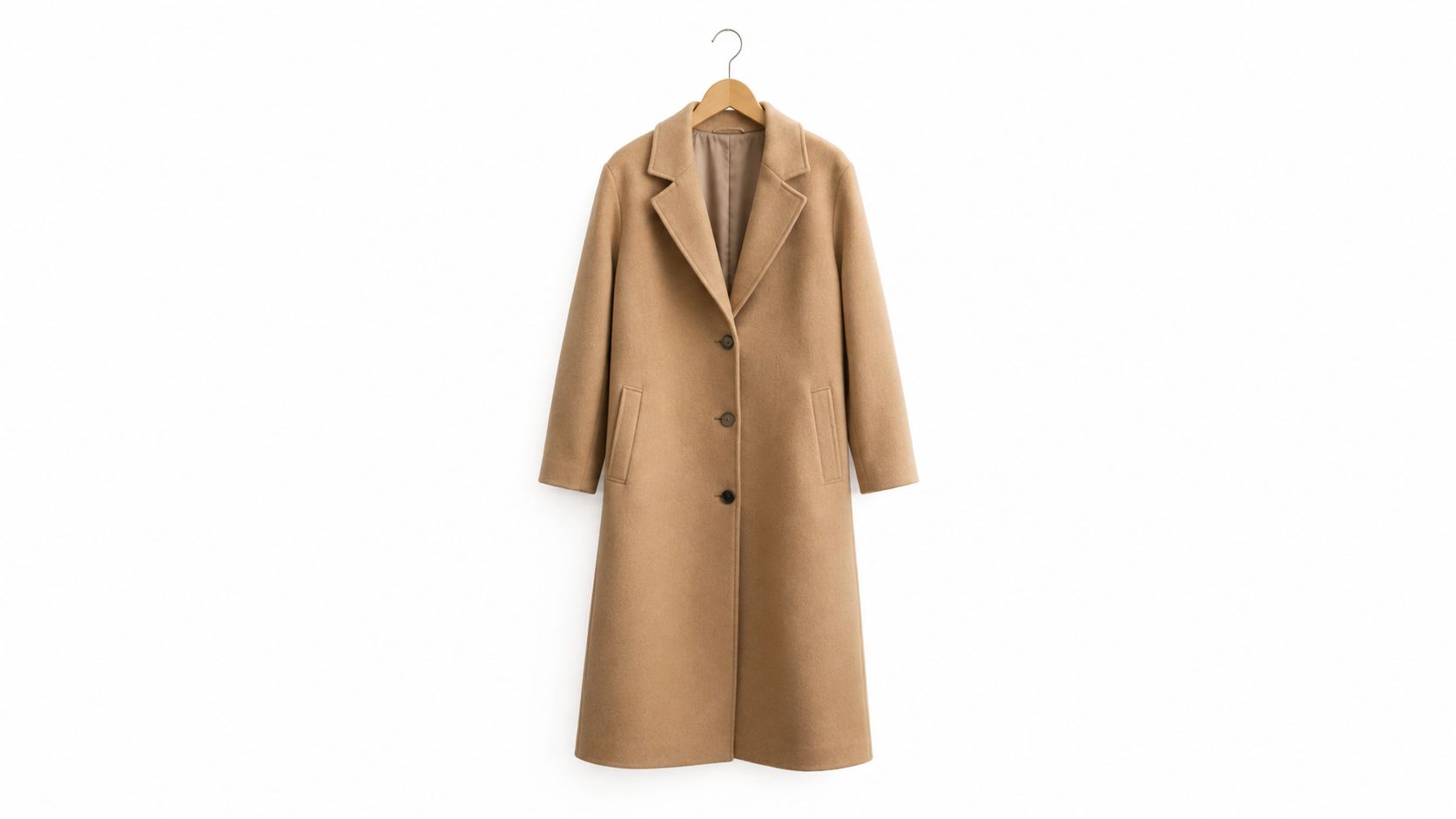 A classic camel-colored wool coat hanging on a wooden hanger against a clean white background.