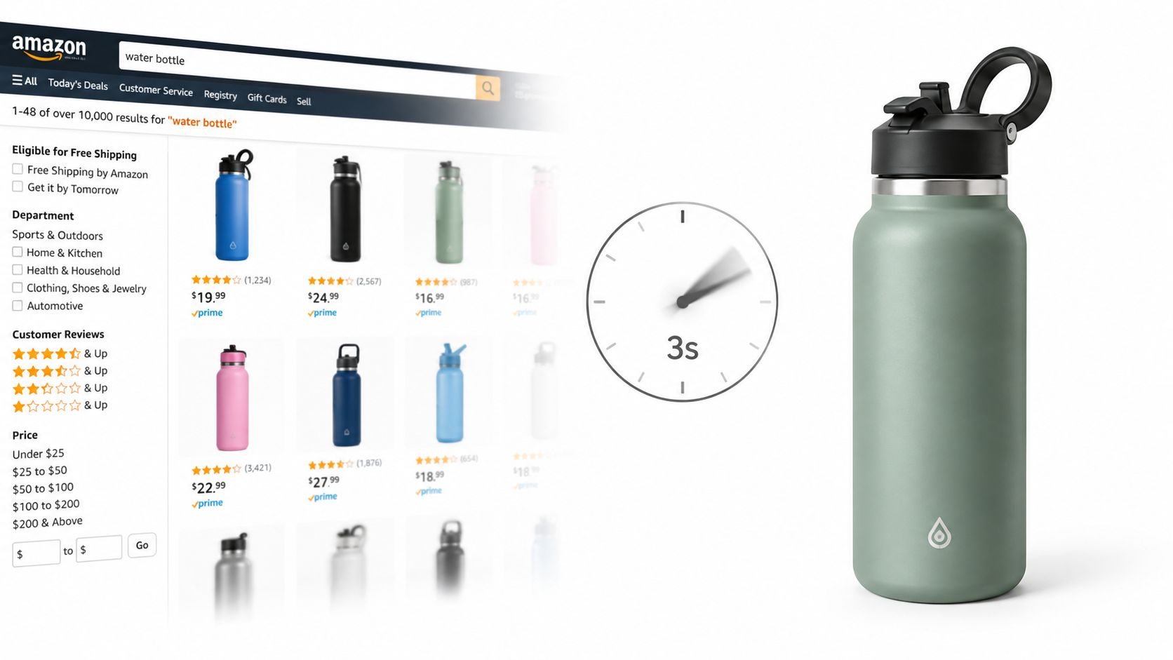 An Amazon search result page for water bottles next to a large sage green insulated water bottle.