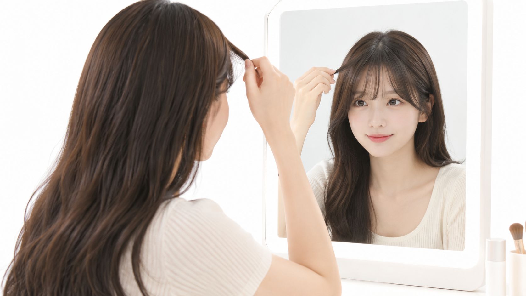 A young woman adjusting her hair and bangs while looking at her reflection in a lighted mirror.