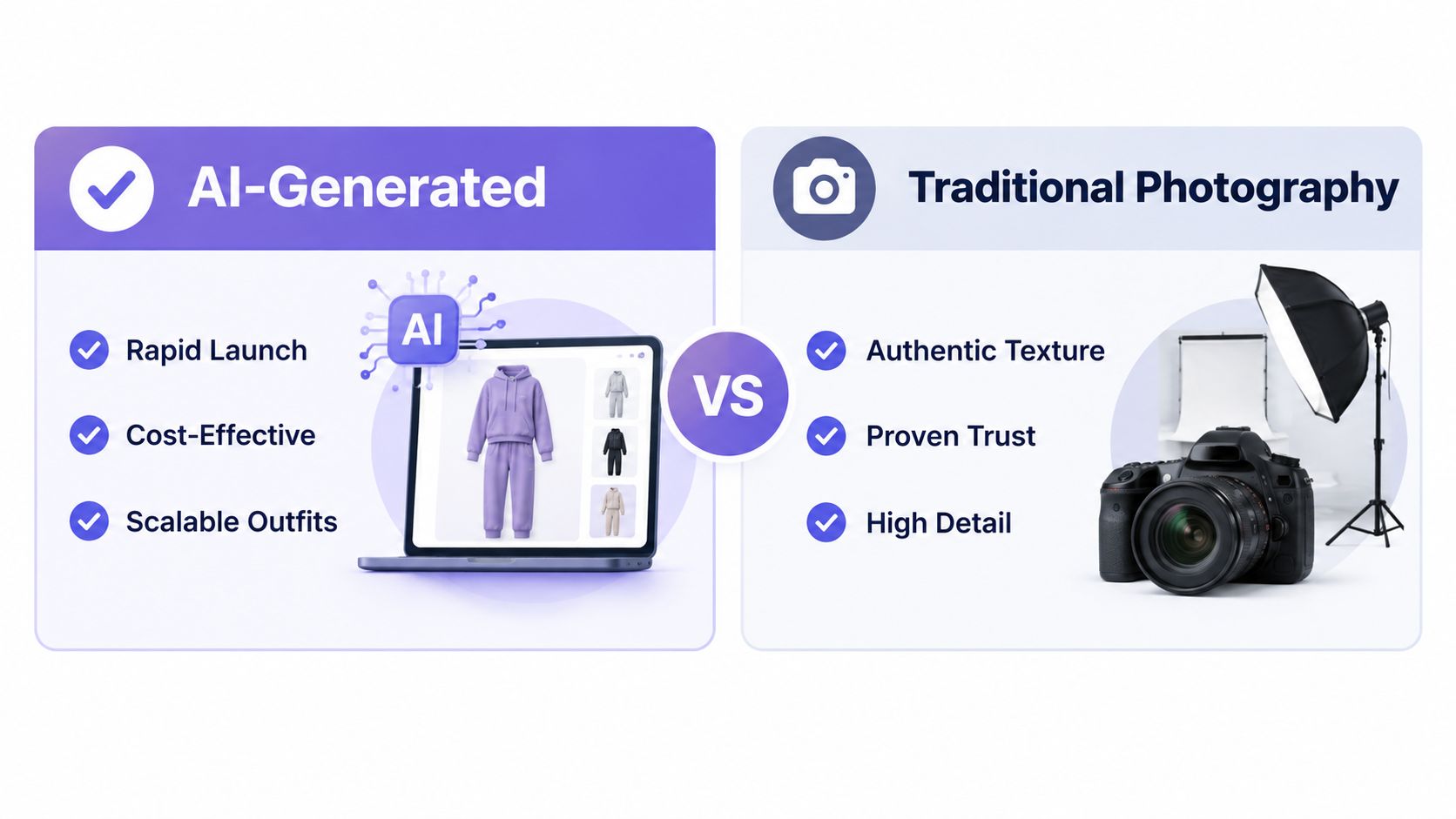 A comparison graphic between AI-generated product imagery and traditional photography for e-commerce brands.