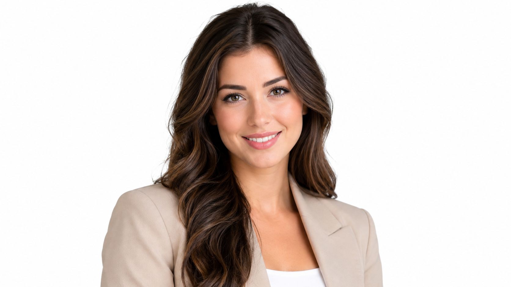 Smiling woman with wavy brown hair wearing a beige blazer