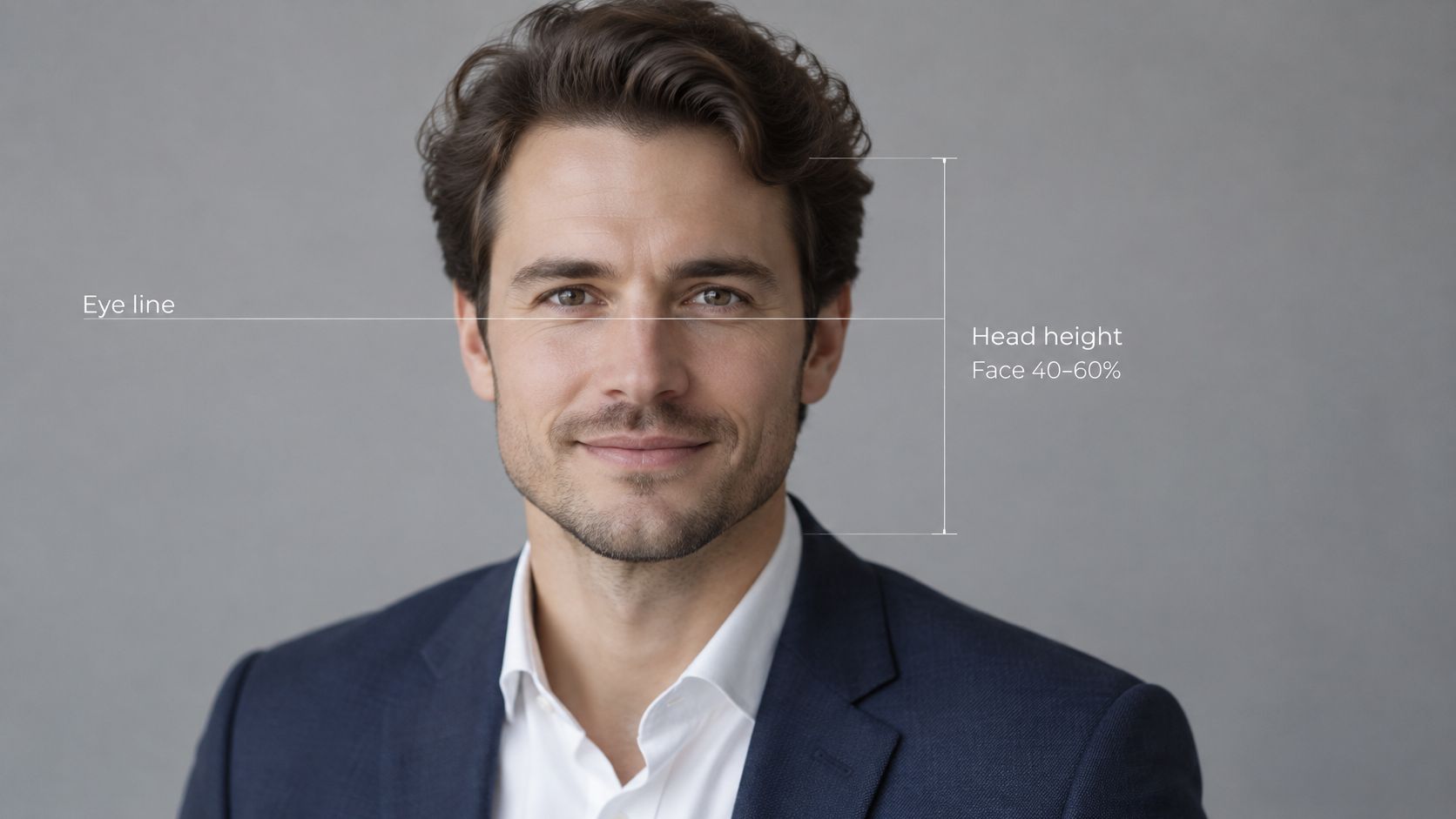 A professional business headshot featuring a man with technical guide lines indicating eye line and head proportions.