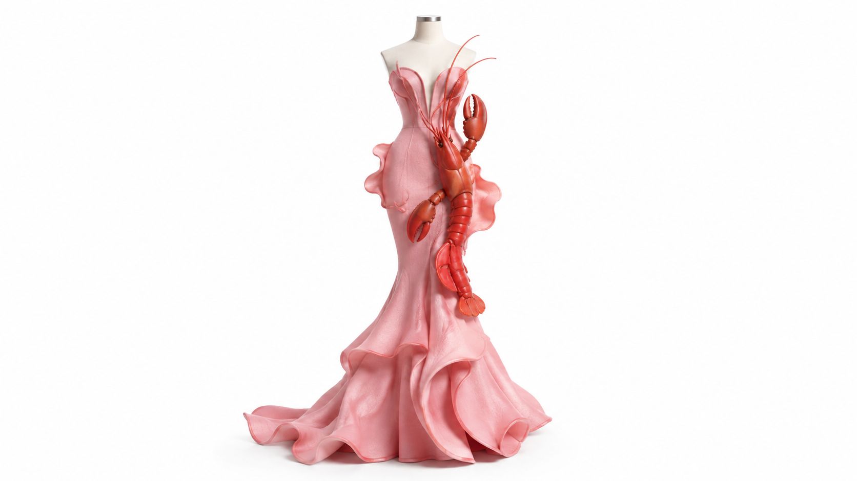 A pale pink mermaid-style gown on a mannequin, featuring a prominent, decorative red lobster applique.