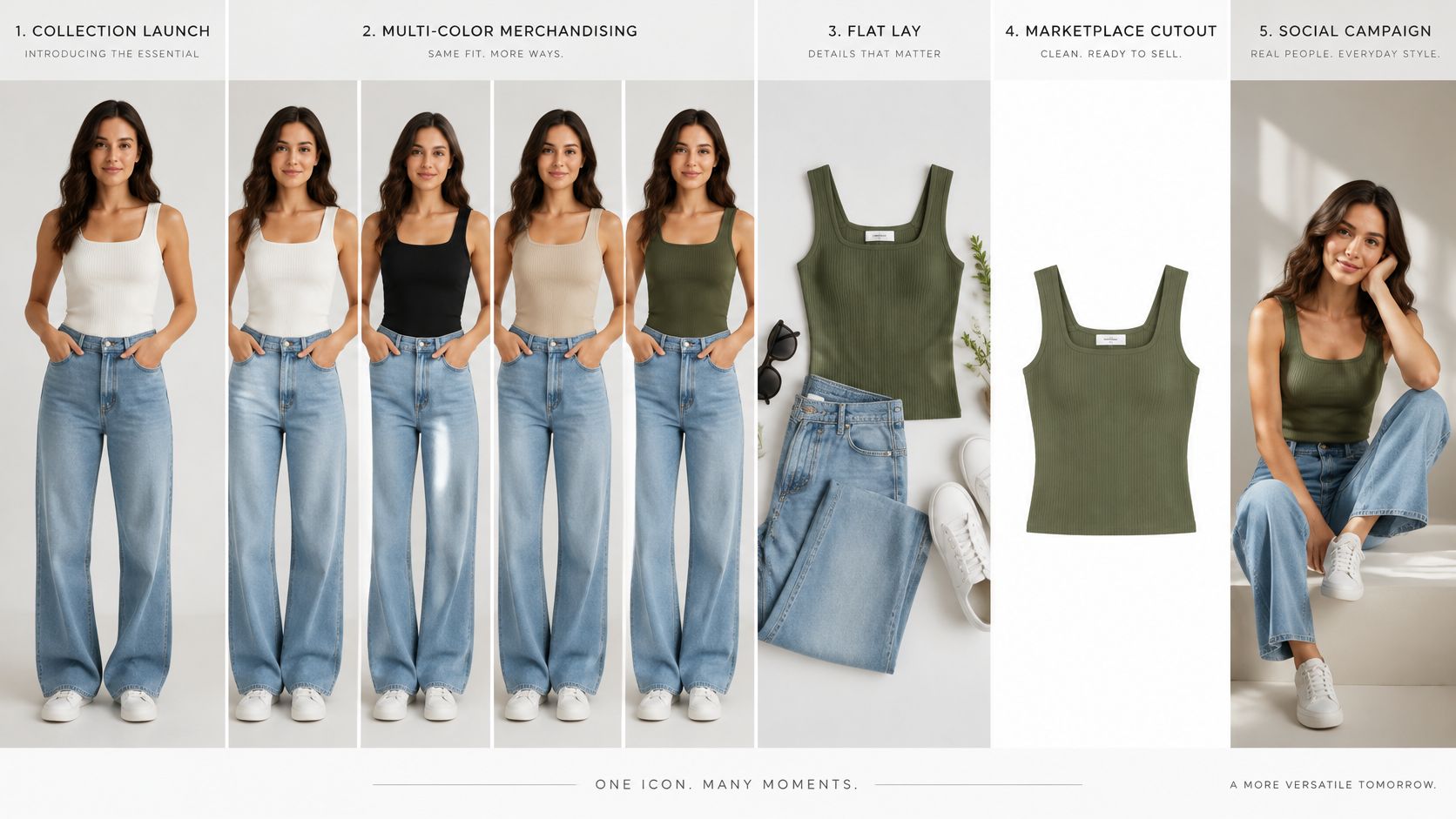 A professional infographic showcasing diverse fashion photography styles including models, flat lays, and product cutouts for e-commerce.