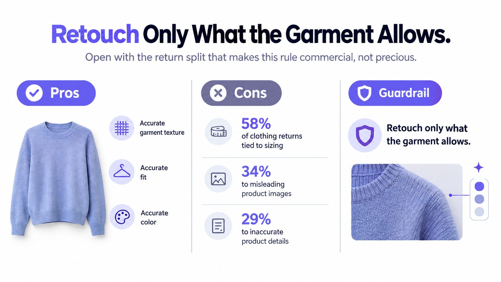 An infographic showing pros and cons of retouching product images with a guardrail for ecommerce photography.