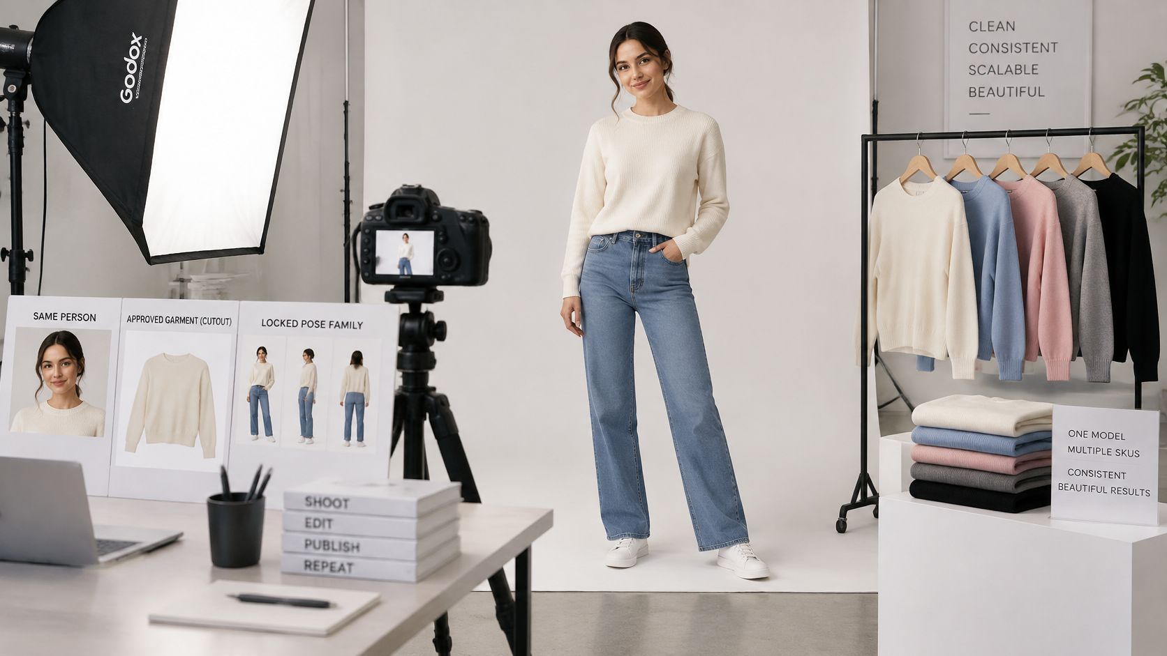 A professional studio setup with a model wearing a sweater and jeans for ecommerce product photography sessions.