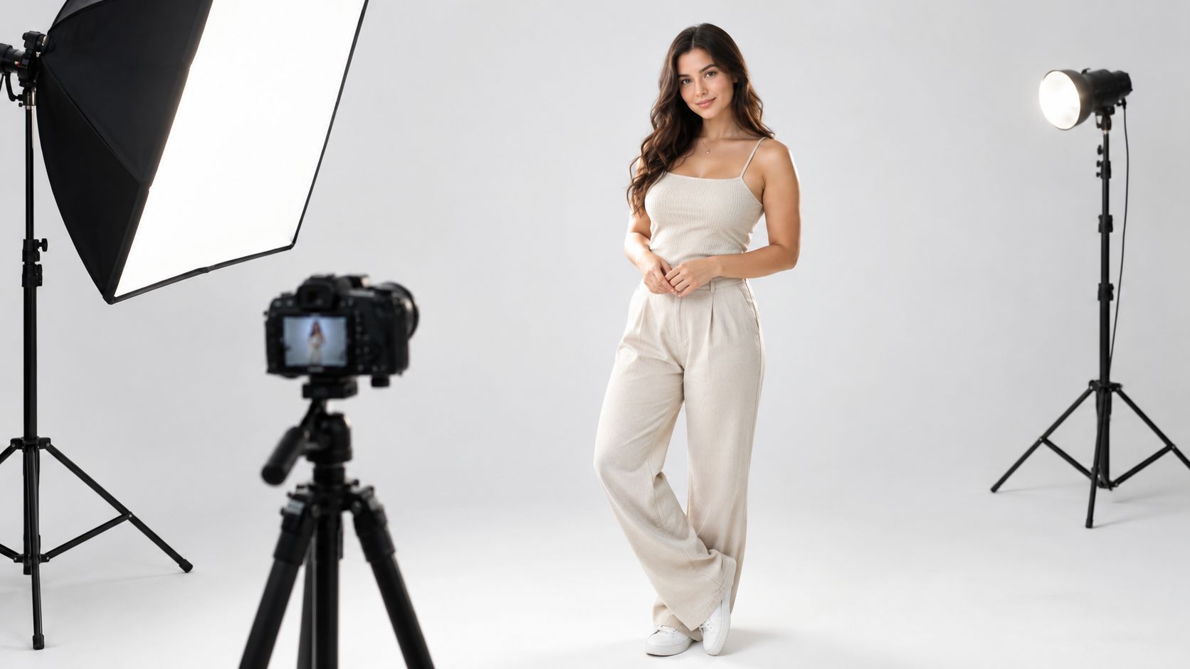 A woman posing for a fashion photoshoot in a professional studio with lighting equipment and a camera.