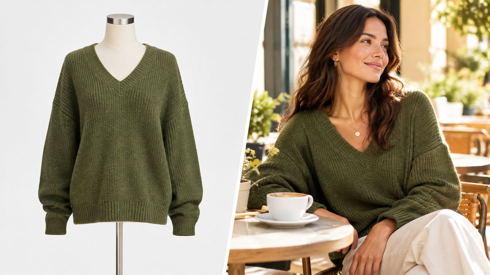 A split image showing a green V-neck sweater on a mannequin and worn by a smiling woman.