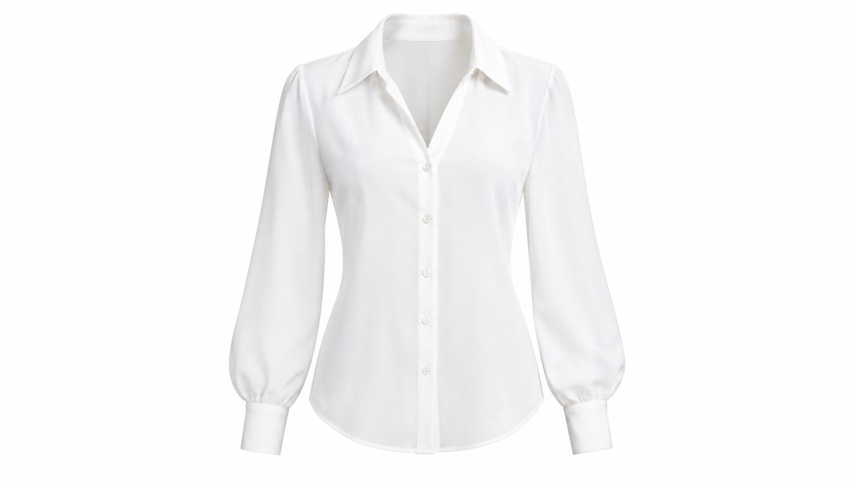 A clean, studio-lit shot of a white long-sleeved women's blouse with a collar and button-down front.
