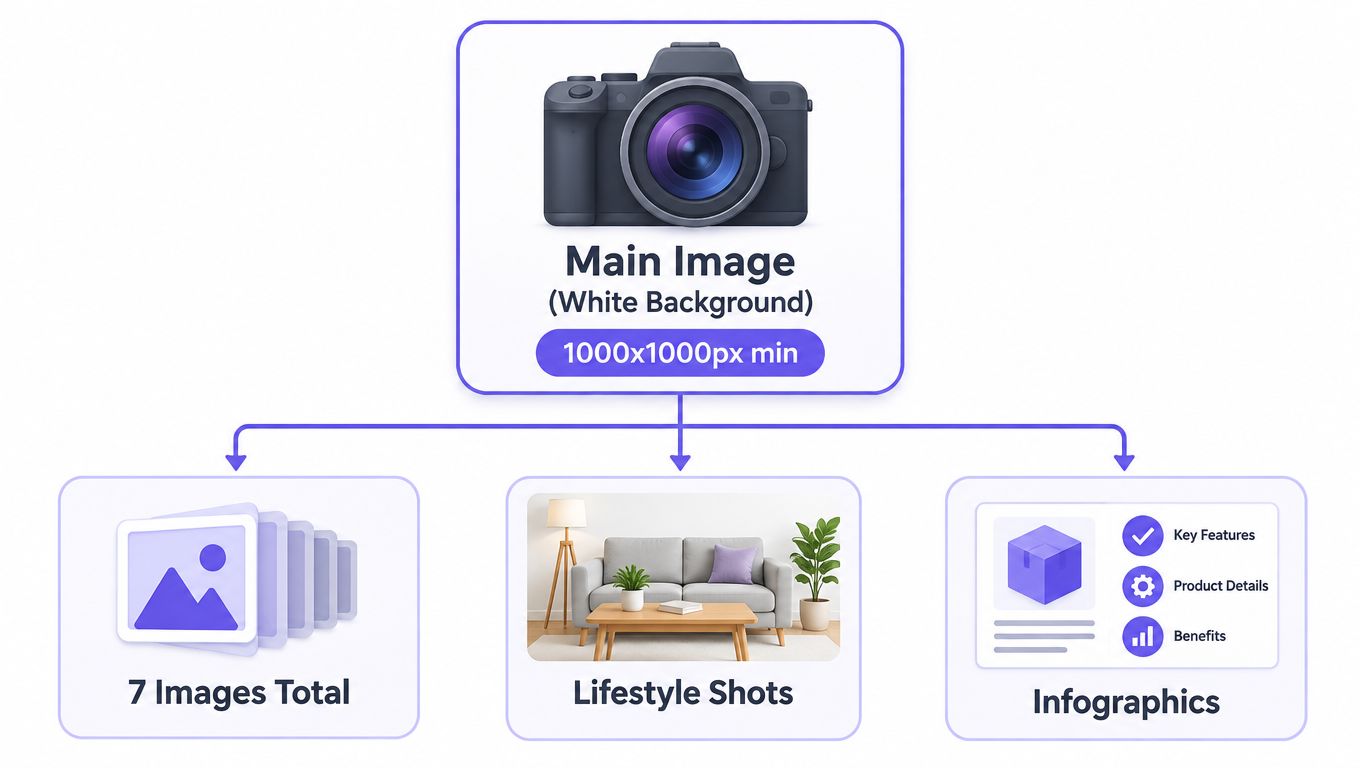 A diagram illustrating the essential types of product images for Amazon listing success and optimization strategies.
