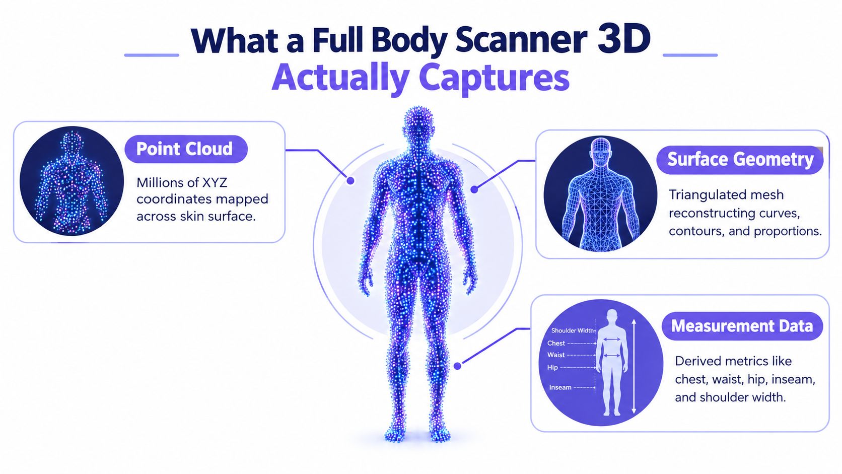 A diagram explaining that 3D full body scanners capture point clouds, surface geometry, and precise measurement data.
