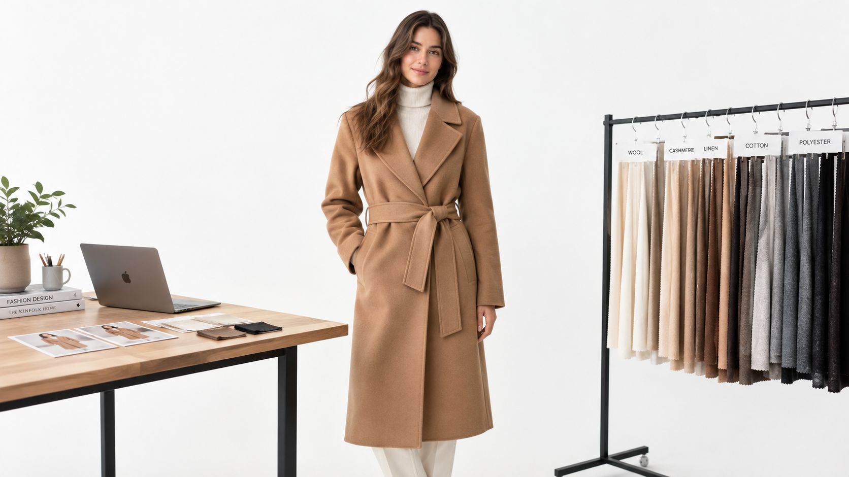 A female fashion model wearing a beige wrap coat standing next to fabric samples in a studio.