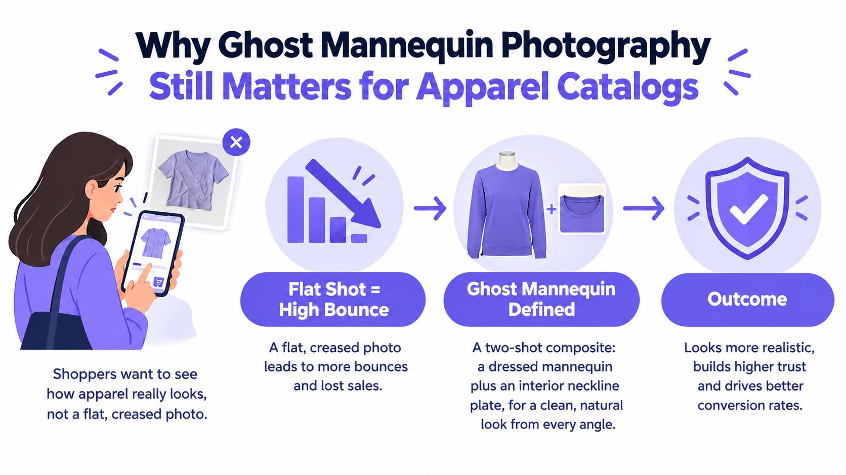An infographic explaining the benefits of ghost mannequin photography for apparel e-commerce compared to flat product shots.
