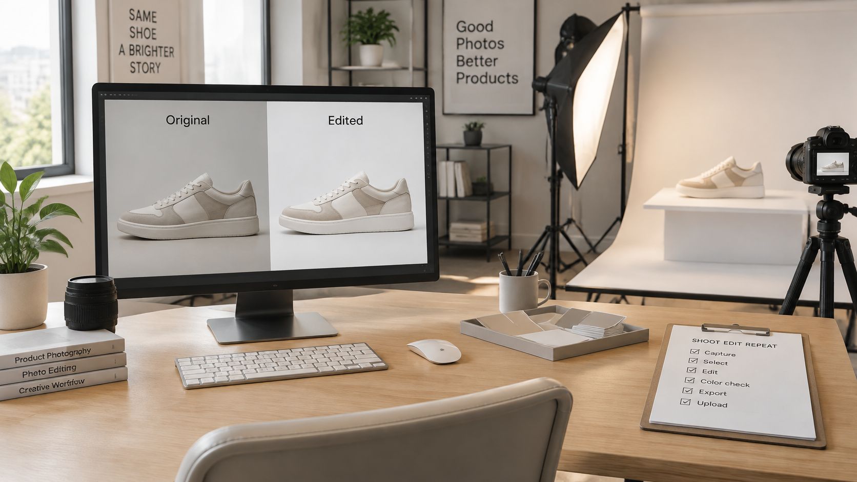 A professional desk setup featuring computer editing software and a camera for product photography automation workflows.