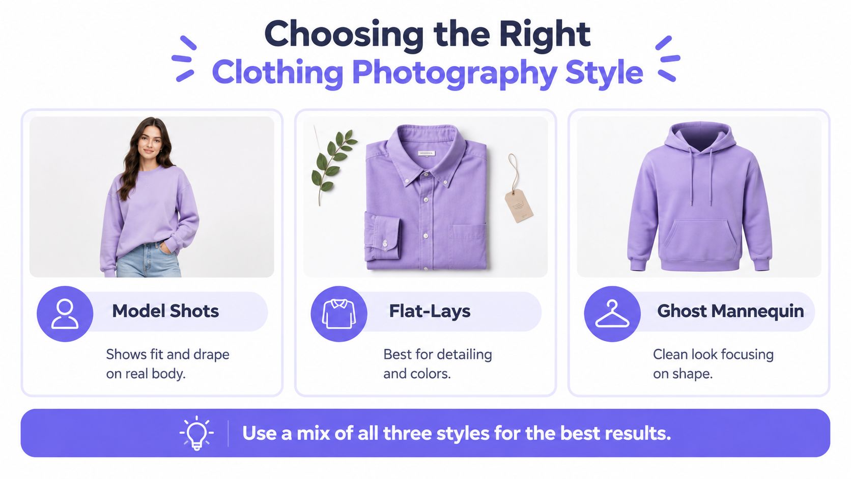 An infographic showing three styles of clothing photography including model shots, flat-lays, and ghost mannequin techniques.