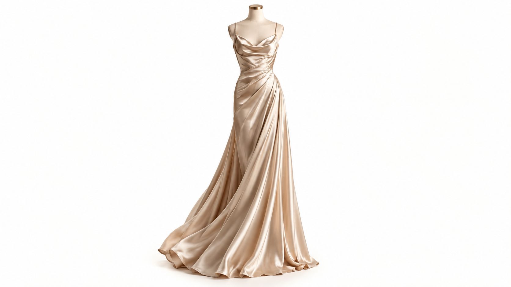 A elegant floor-length champagne gold satin evening gown displayed on a mannequin against a white background.