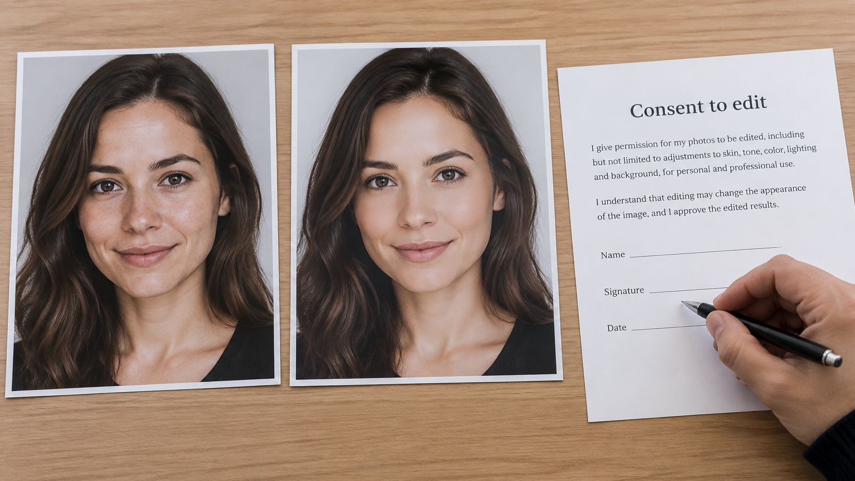 A woman looks at two headshot photos on a table next to a consent to edit form.