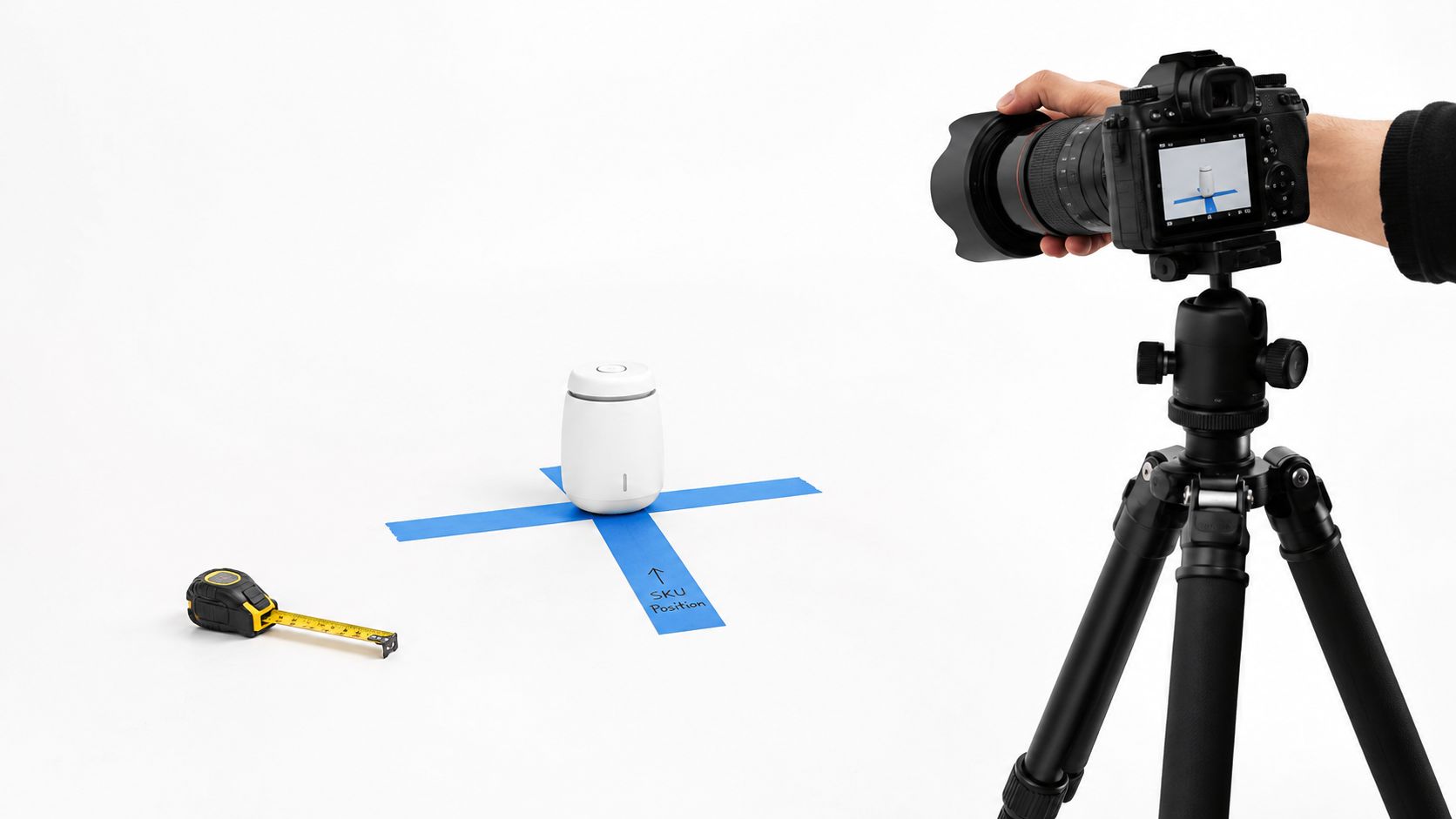 A professional camera on a tripod capturing images of a small white product on blue guide tape.