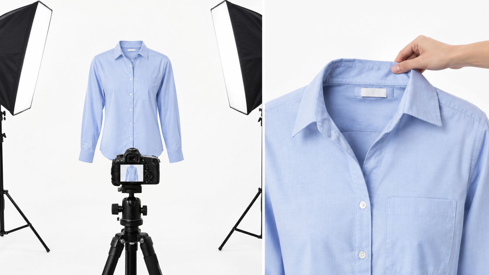 A professional studio setup featuring a light blue button-down shirt being photographed on a ghost mannequin.