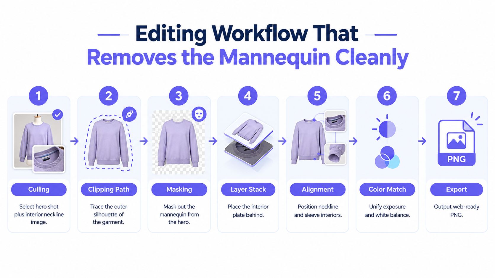 A seven step infographic illustrating the professional workflow for ghost mannequin clothing photography and image editing.
