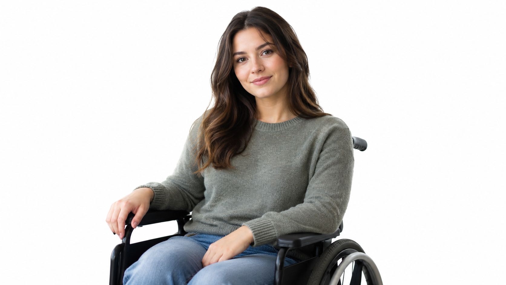 A smiling young woman with long wavy brown hair sitting in a wheelchair against white background.