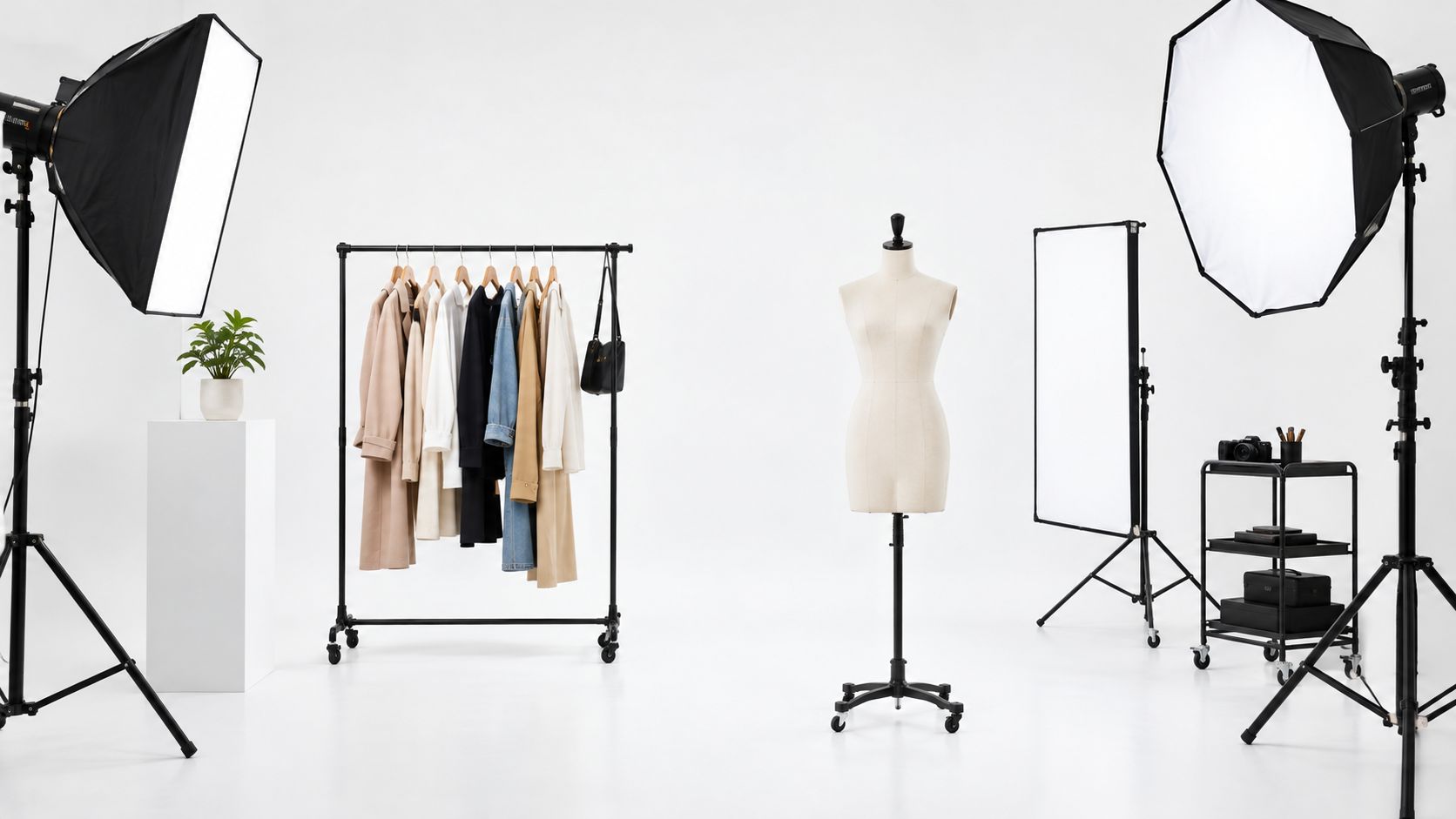 A professional photography studio set up with a clothing rack, mannequin, lighting equipment, and camera gear.