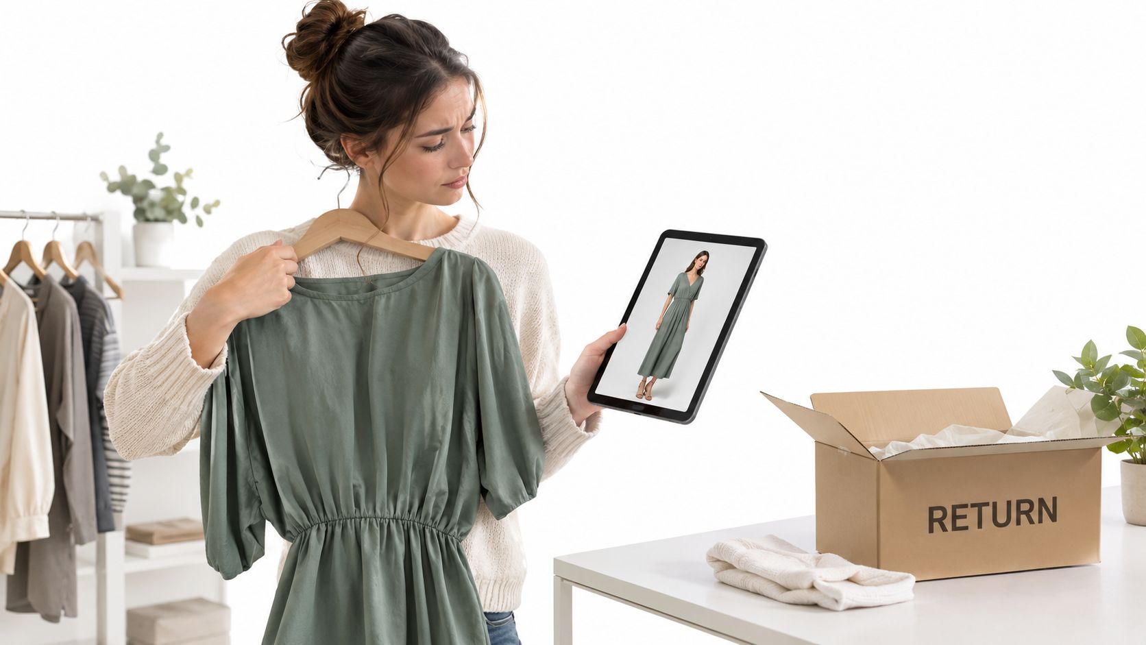 A woman looks concerned while comparing a green dress to its product photo on a tablet.