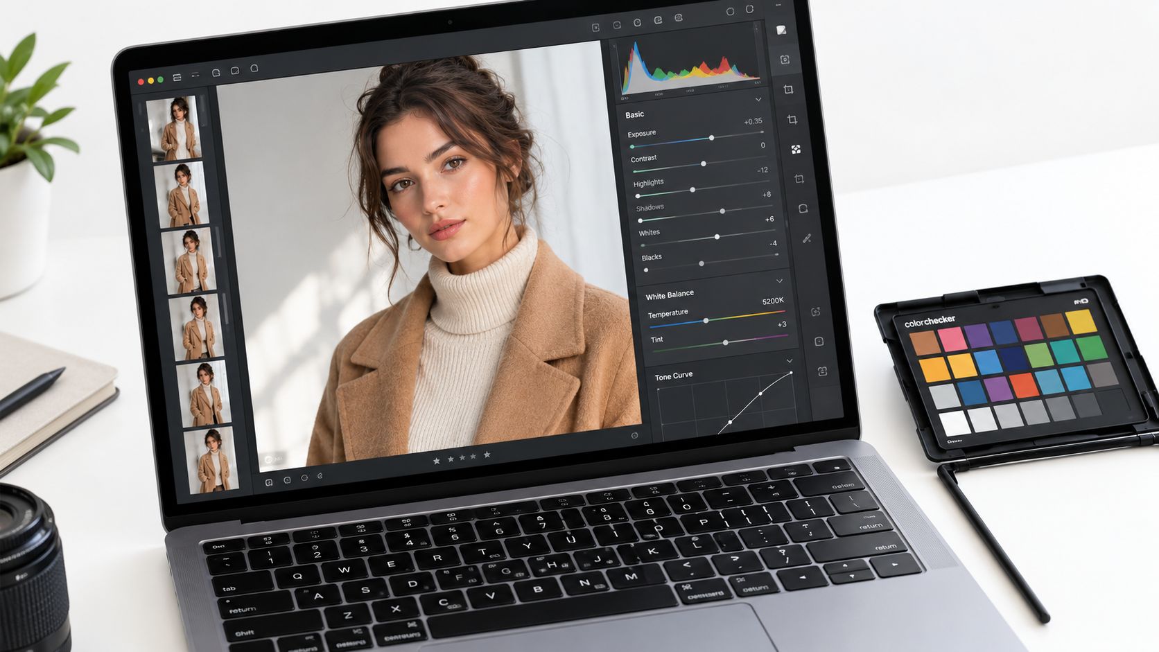 A modern laptop displaying photo editing software with a portrait image, next to a color checker card.