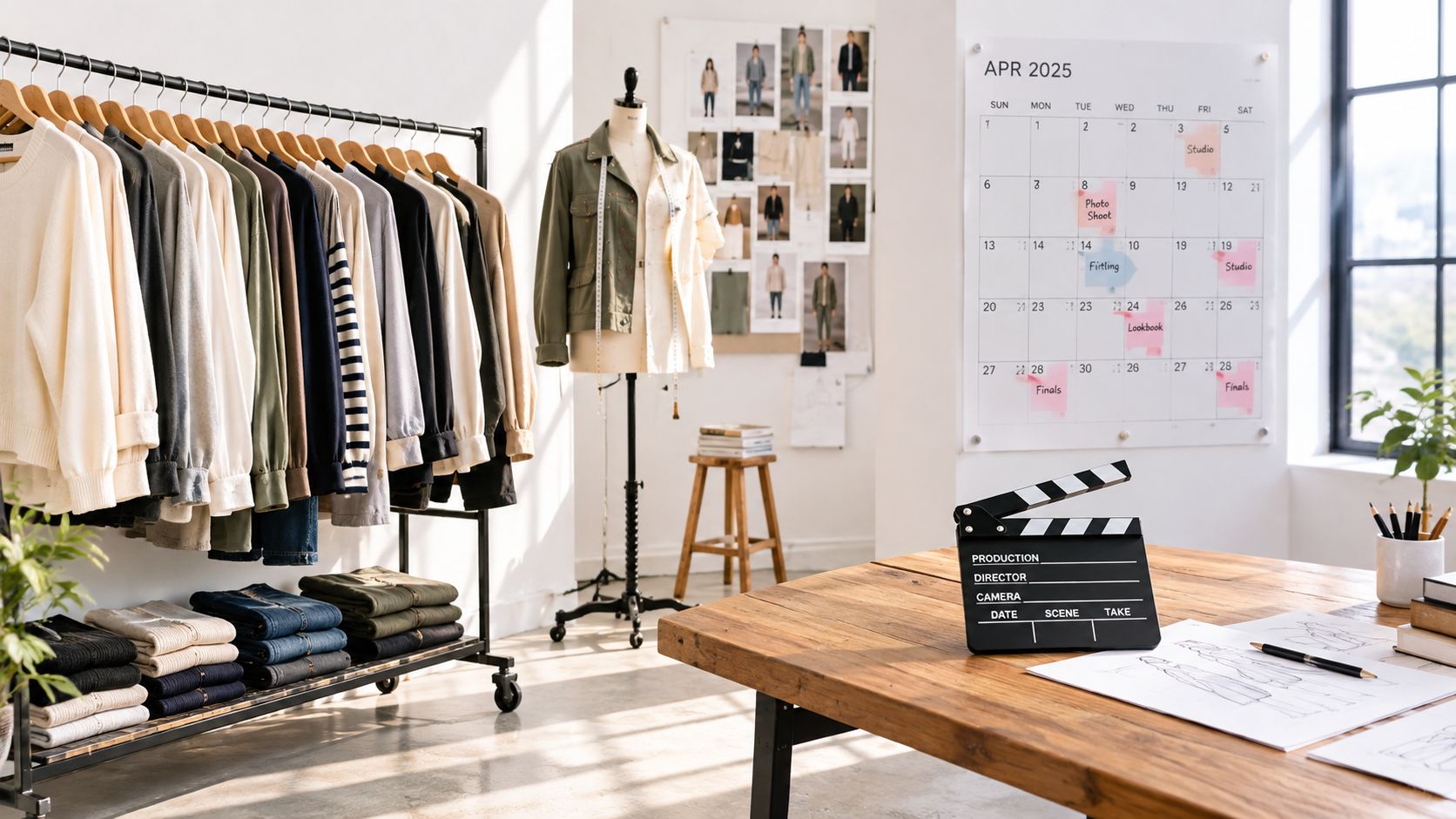 A creative fashion design studio featuring a clothing rack, a mannequin, and a production clapperboard on desk.