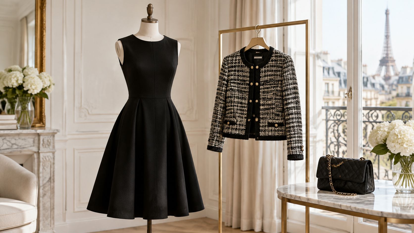 A black sleeveless dress on a mannequin and a tweed jacket on a display rack in Paris.