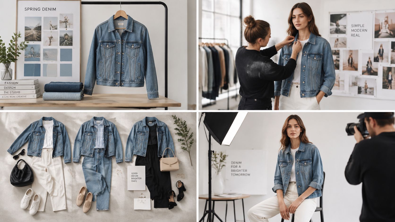 A professional fashion photoshoot featuring a denim jacket styled with various outfits and accessories.