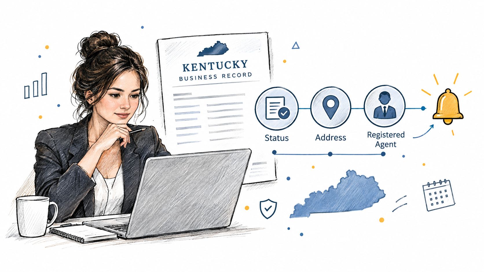 A professional woman working on her laptop researching Kentucky business records, status, address, and registered agent details.