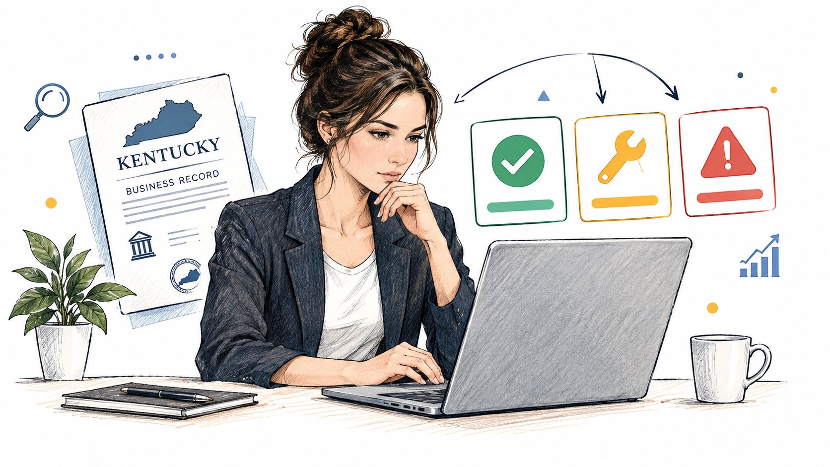 A professional woman working on a laptop with Kentucky business record documents and status icons nearby.